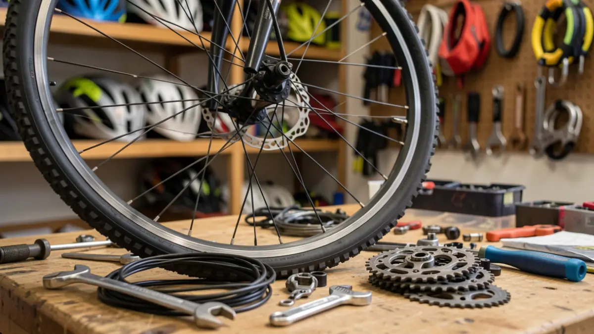 Generic image of bicycle parts and tools on a workbench.