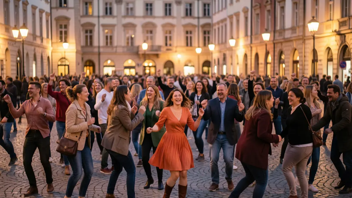 Image générique d'une foule diverse dansant joyeusement dans un espace public au crépuscule, éclairée par des lumières chaudes.