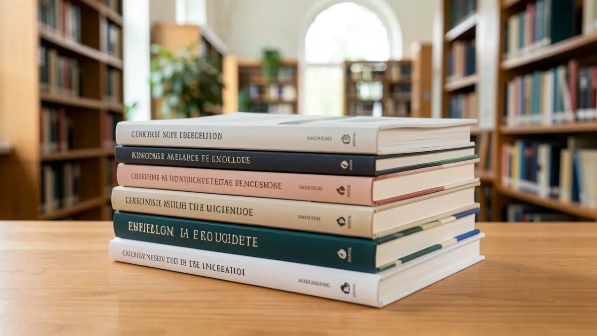 Generic image of academic books and journals on a desk.