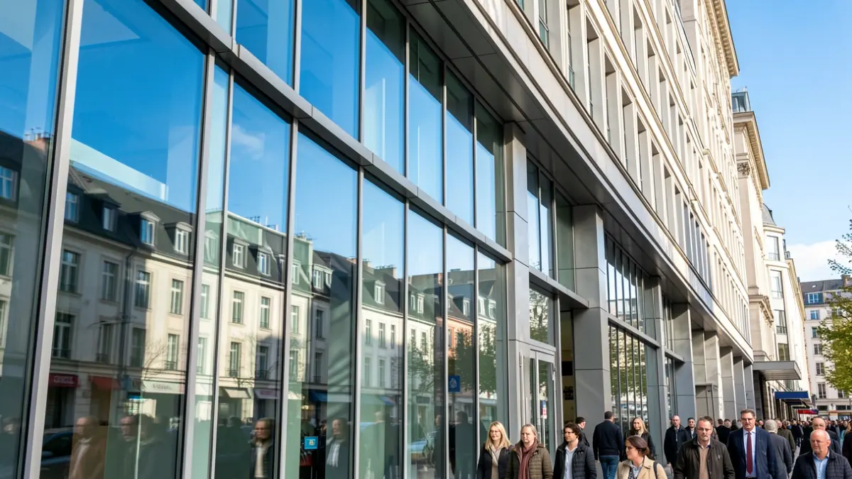 Generic image of a modern building facade with large windows reflecting the blue sky.