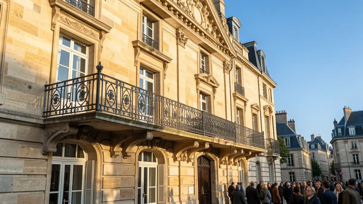 Image générique de la façade d'un hôtel de ville en pierre de style haussmannien, avec un balcon orné et des barreaux en fer forgé, baignée par la lumière chaude du soleil d'après-midi.