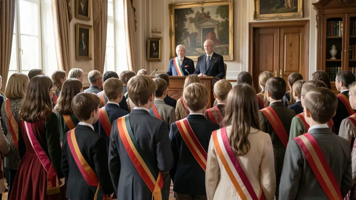 Generic image of young elected officials wearing sashes in a municipal room.