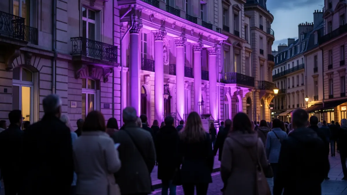 Generic image of a public building lit in purple at dusk, symbolizing the fight against violence against women.