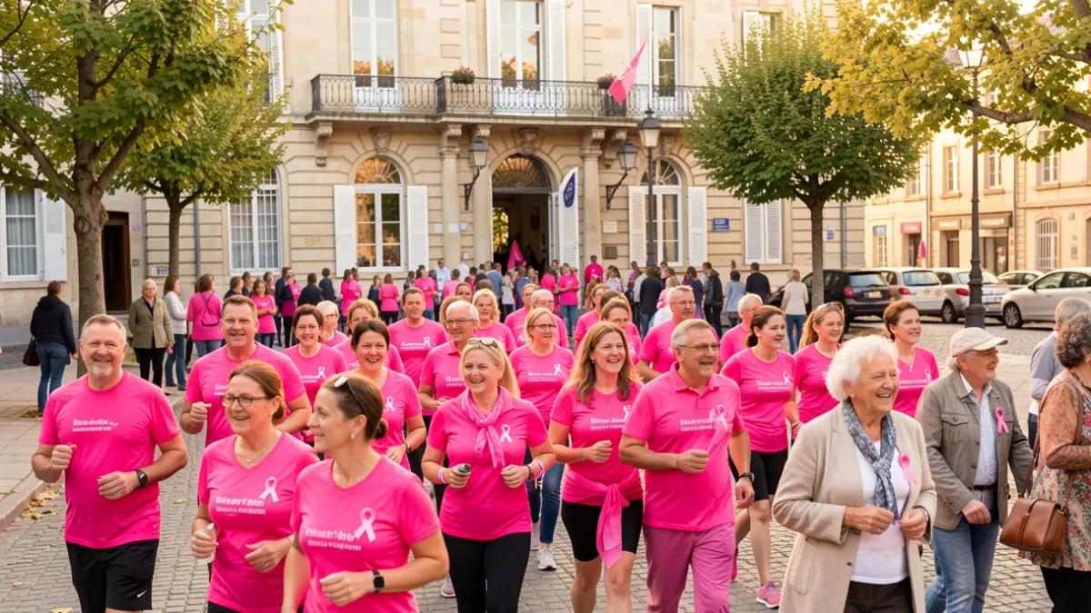 Image générique de participants à une marche caritative rose dans un village français.