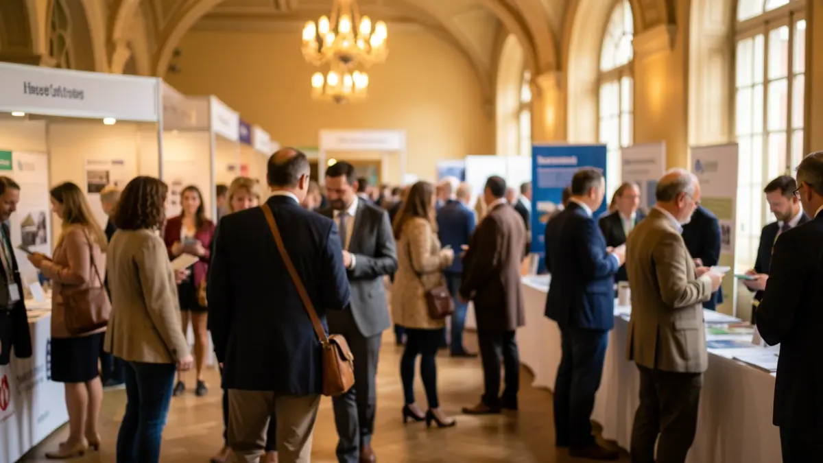 Generic image of a job fair with attendees and booths in the background, indoor lighting.