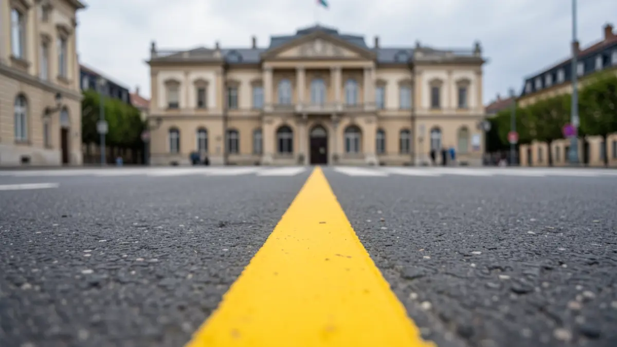 Generic image of a yellow road marking in front of a pedestrian crossing.