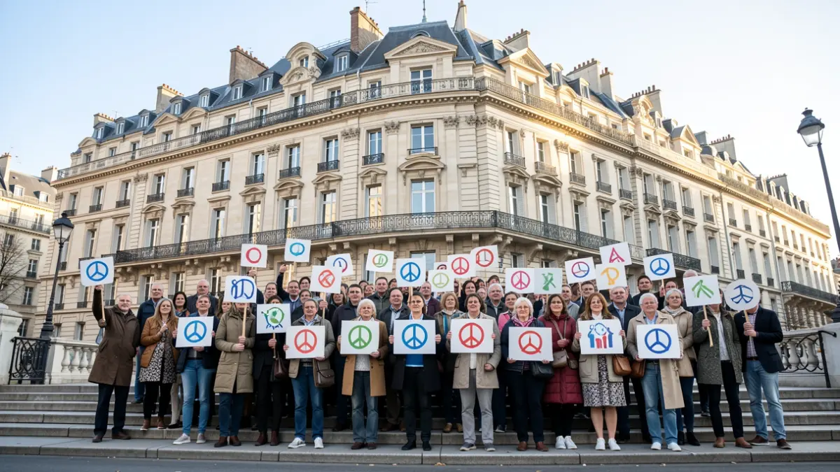 Image générique de personnes rassemblées devant une mairie, symbolisant l'unité et le refus de la haine.