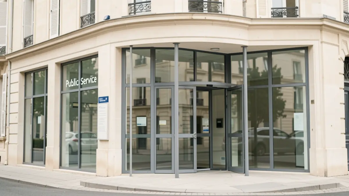 Generic image of a modern public service center with large windows and clear signage, in the style of French regional architecture, daytime, soft natural light.