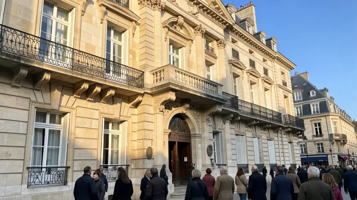 Generic image of a town hall facade in Île-de-France, made of stone with a balcony and iron railings, under afternoon sunlight.