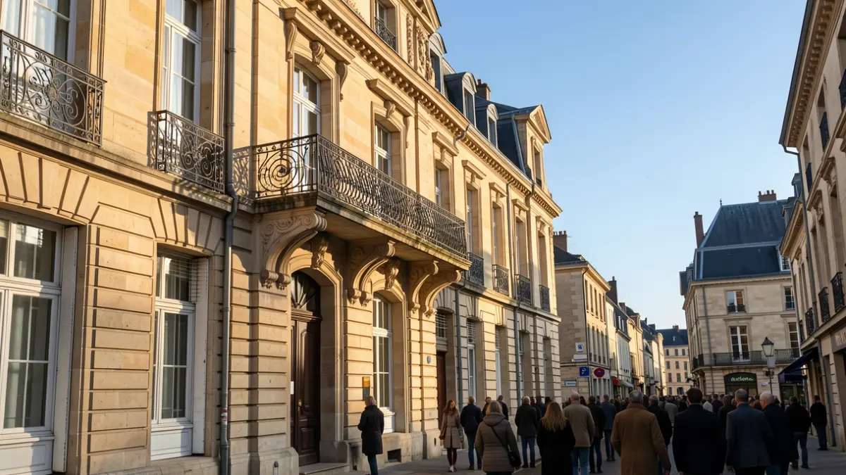 Façade en pierre de l'Hôtel de ville de Franconville, Île-de-France, avec balcon orné et ciel bleu.