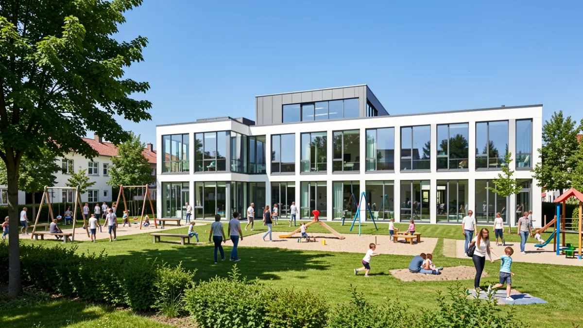 Generic image of a kindergarten school extension in Franconville, featuring green spaces and a playground.