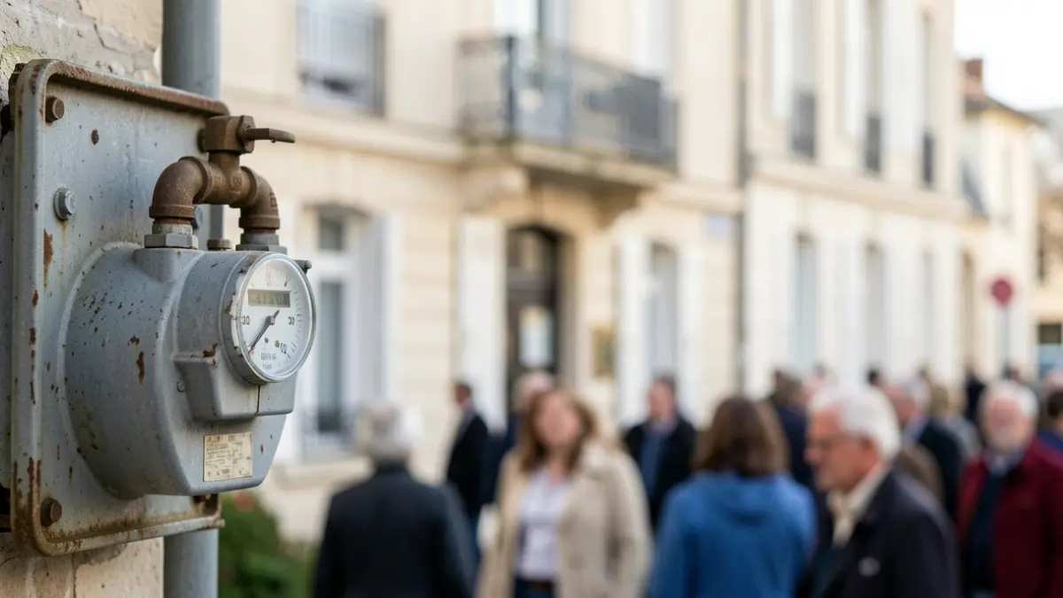 Water meter with a blurred residential building in the background.