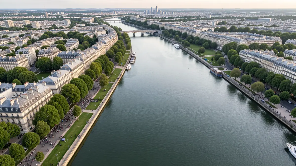 Aerial view of Seine riverbanks in Île-de-France, integrating urban development and green spaces.