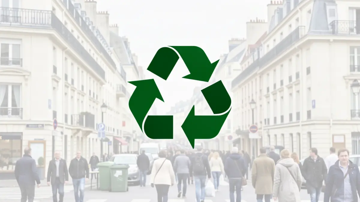 Generic image of waste reduction symbols and Parisian suburban architecture.
