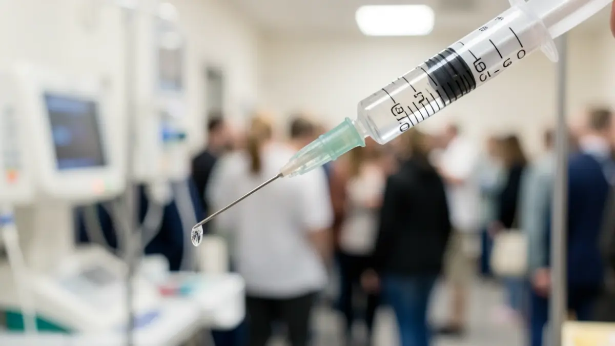 Image générique d'une seringue médicale prête à l'emploi, sur fond flou d'équipement hospitalier.