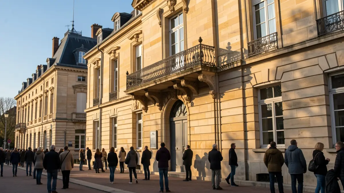 Façade en pierre de l'hôtel de ville de Guyancourt avec balcon orné et balustrade en fer forgé, sous un soleil d'après-midi.