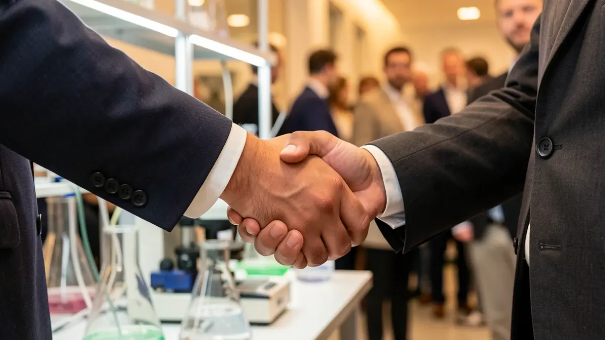 Generic image of hands shaking in a professional context, with a blurred background of scientific equipment.