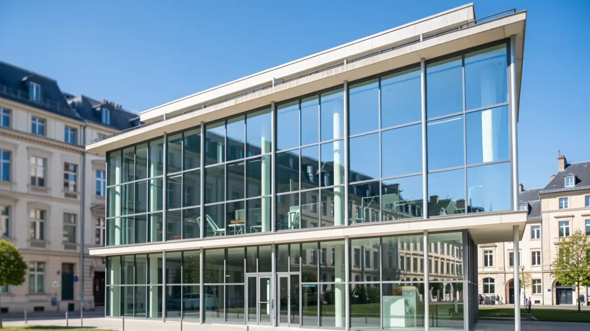 Generic image of a modern university facade in the Île-de-France architectural style, with large glass windows reflecting a clear blue sky.