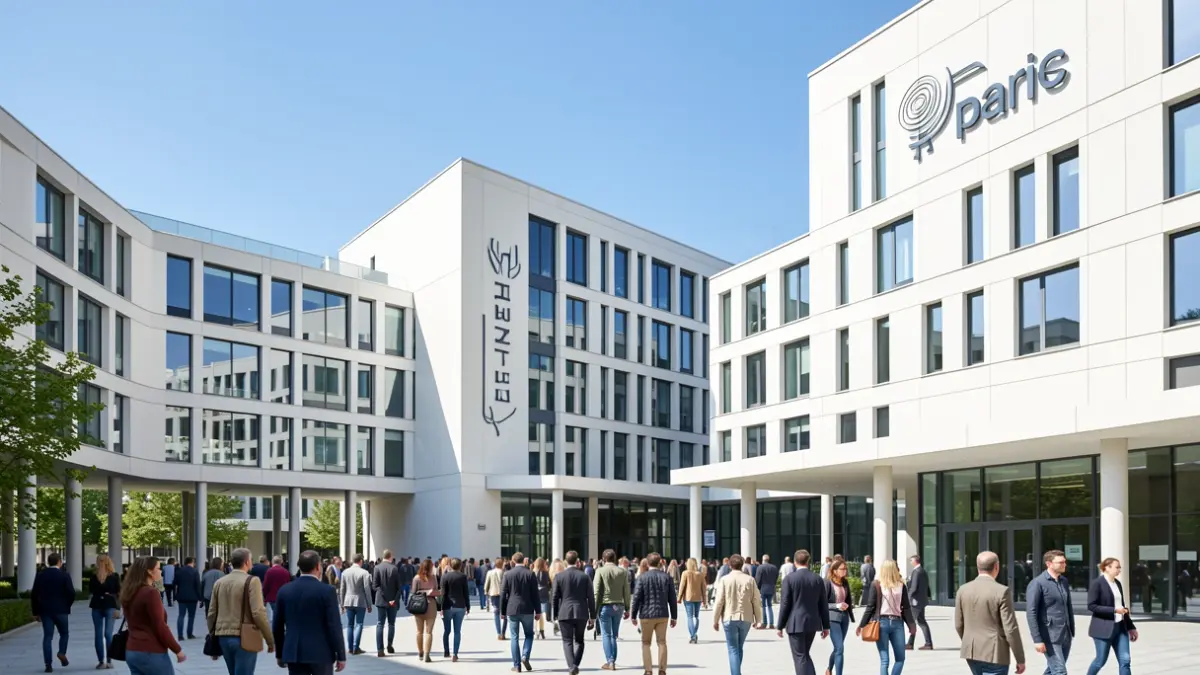 Image générique de bâtiments universitaires modernes avec une architecture épurée, lumière du jour vive, ciel bleu clair, axé sur l'innovation et l'entrepreneuriat.