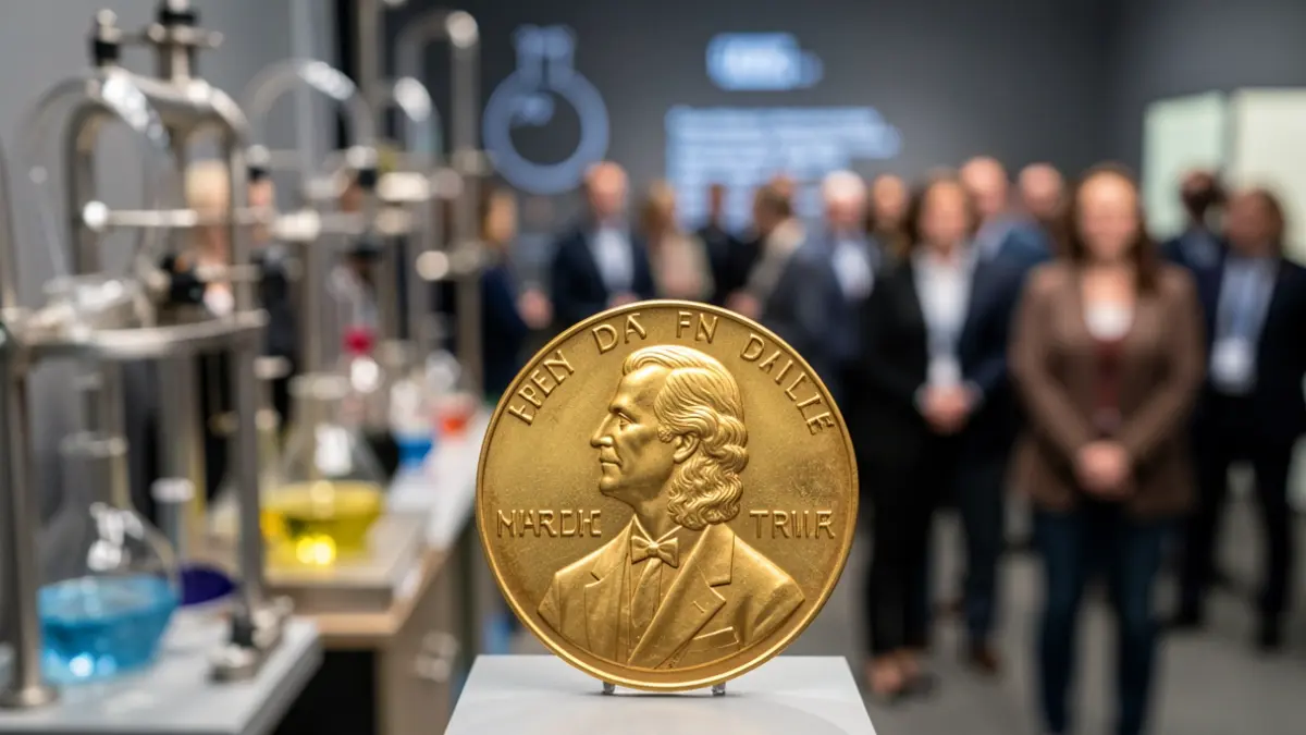 Close-up of a Nobel Prize medal with a blurred background of scientific equipment and chemical symbols.