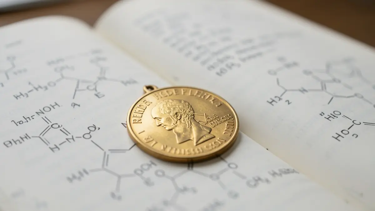 Gros plan d'une médaille du prix Nobel de chimie posée sur un livre scientifique ouvert.