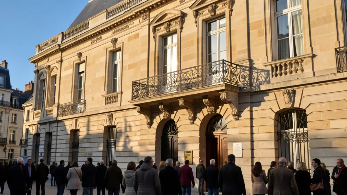 Stone facade of an Île-de-France town hall with ornate balcony and iron railings, warm afternoon sunlight casting shadows on the sandstone walls, blue sky.