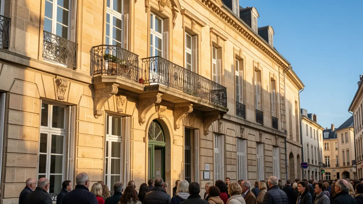 Generic image of a stone town hall facade with a balcony and iron railings, under an afternoon sun.
