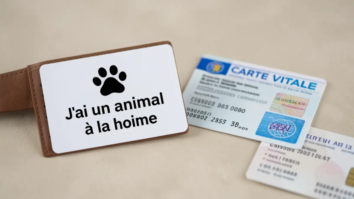 Carte 'J'ai un animal à la maison' à côté d'une carte Vitale.