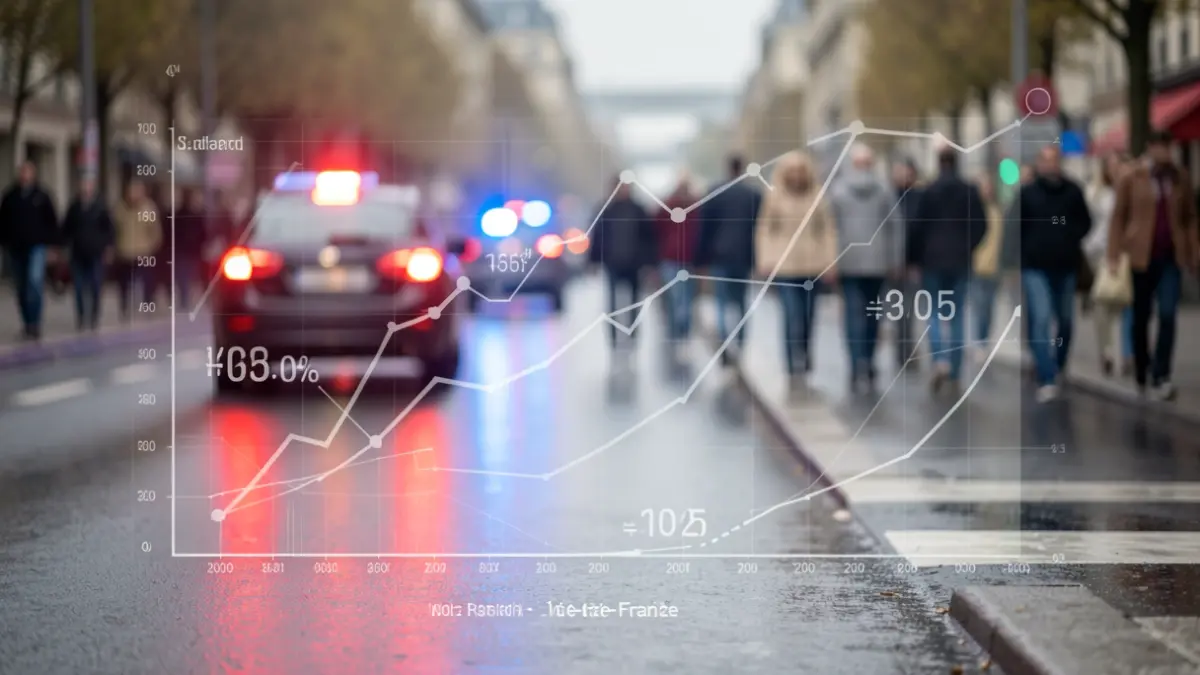Image générique de lumières d'urgence bleues et rouges reflétant sur l'asphalte mouillé, avec des graphiques de données abstraits.