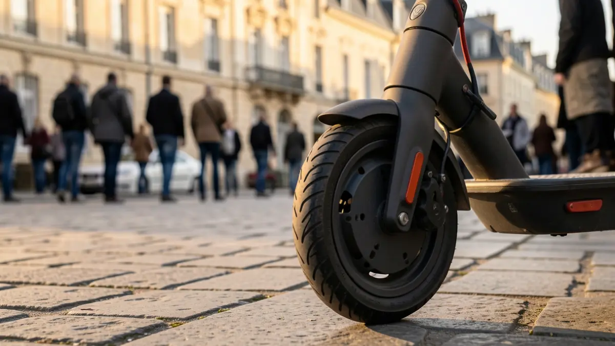 Image d'une roue de vélo à assistance électrique garée sur un trottoir à Jouars-Pontchartrain, Île-de-France, au soleil du soir.