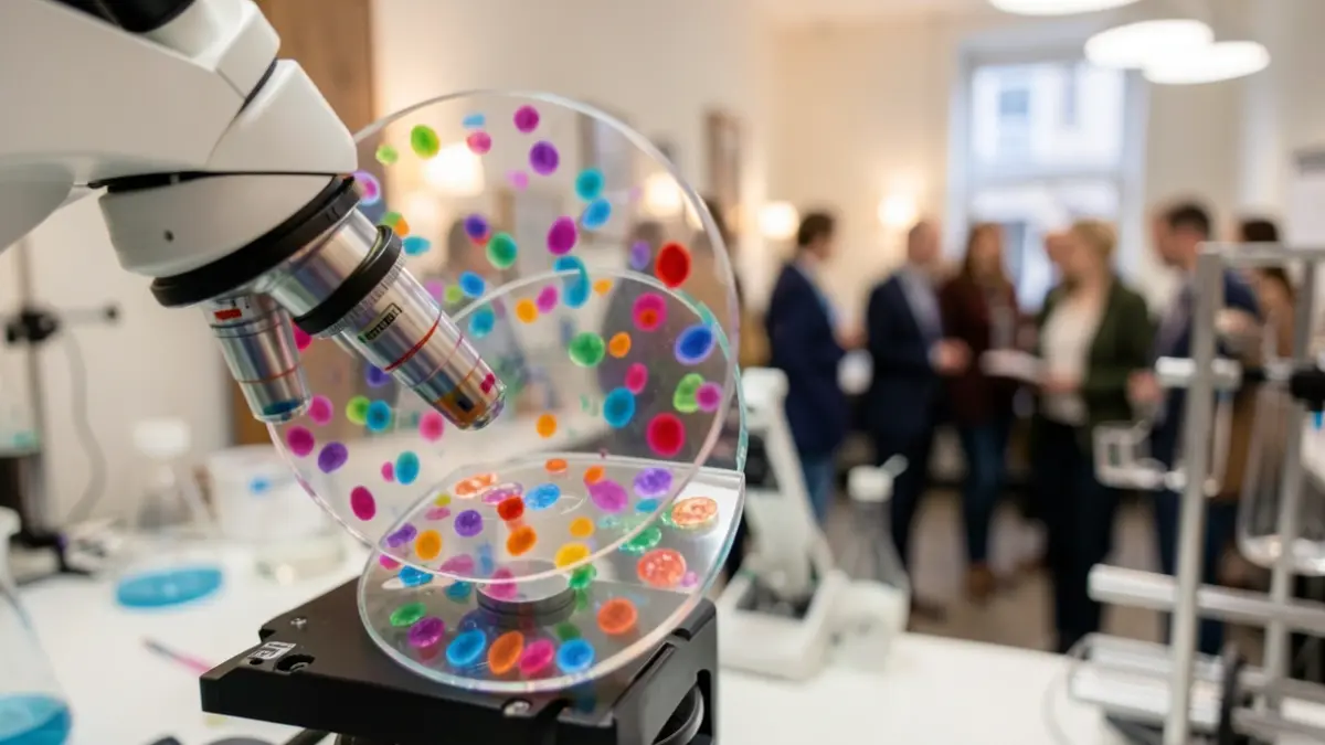 Generic image of colorful cells viewed under a microscope, with blurred laboratory equipment in the background.