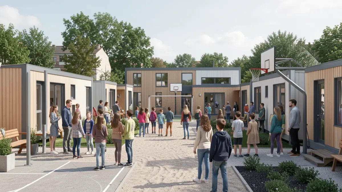 Image générique de bungalows modulaires dans une cour avec des installations sportives, dans le style architectural de l'Île-de-France.