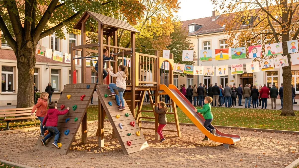 Image générique d'une cour d'école avec une nouvelle aire de jeux et des œuvres d'art d'enfants exposées.