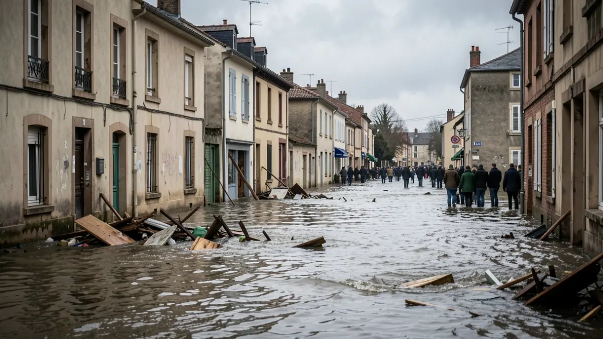Image générique d'une rue inondée dans une ville française, l'eau atteignant le premier étage des maisons, débris flottants, ciel couvert, atmosphère sombre. Style photographie documentaire.