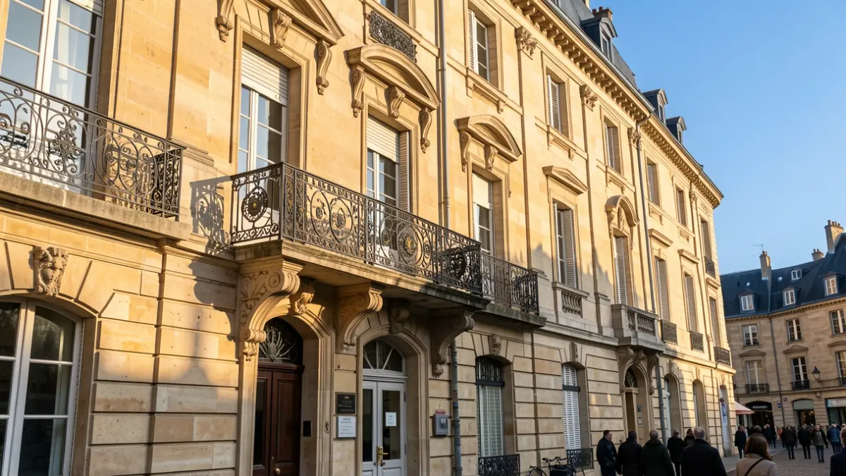 Façade en pierre de l'hôtel de ville de La Celle-Saint-Cloud, Yvelines, avec balcon en fer forgé.
