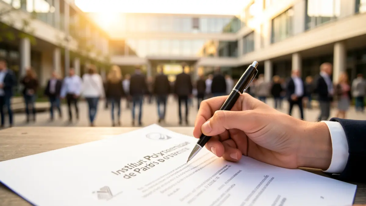 Student's hand holding a pen over an Institut Polytechnique de Paris document.
