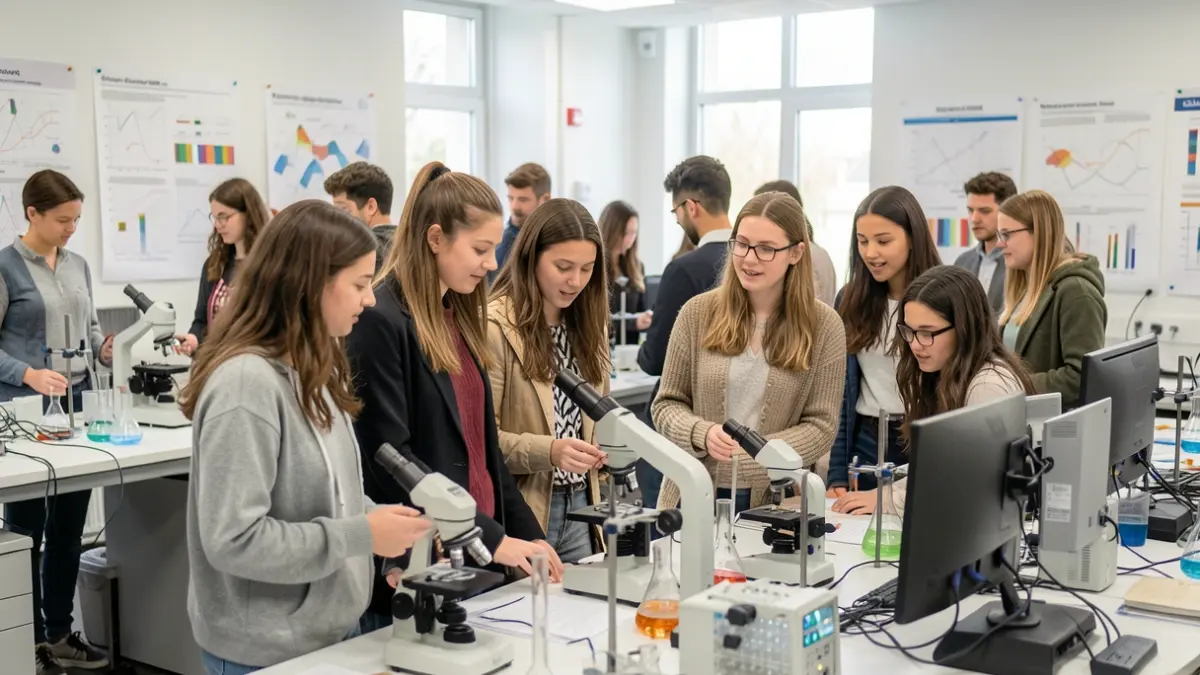 Image générique de jeunes étudiantes diverses dans un laboratoire universitaire moderne, regardant du matériel scientifique et des graphiques aux murs, éclairées par une lumière naturelle douce.