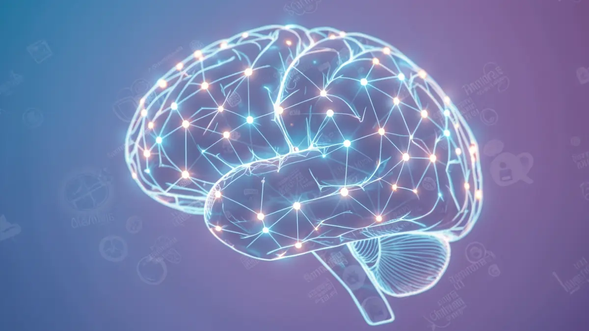 Stylized neural network representing artificial intelligence with digital watermarking patterns.