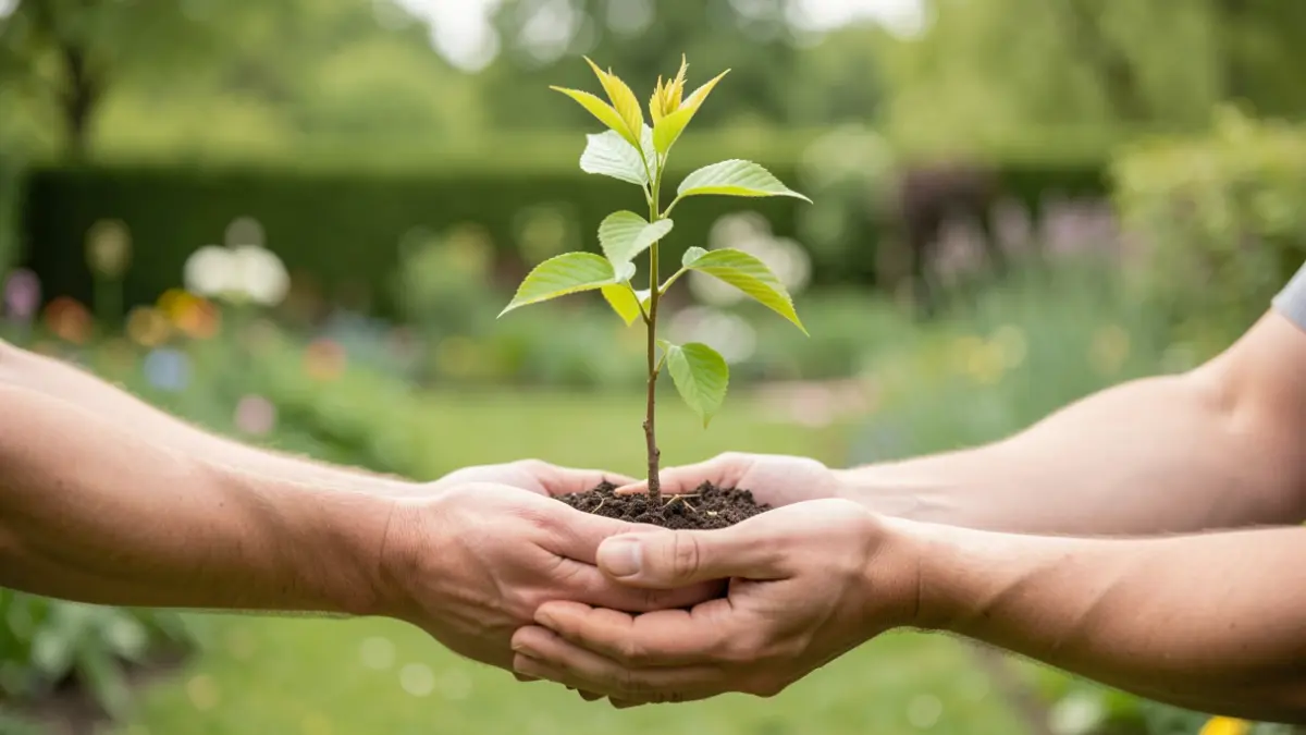 A young tree held in hands, with a blurred garden in the background.