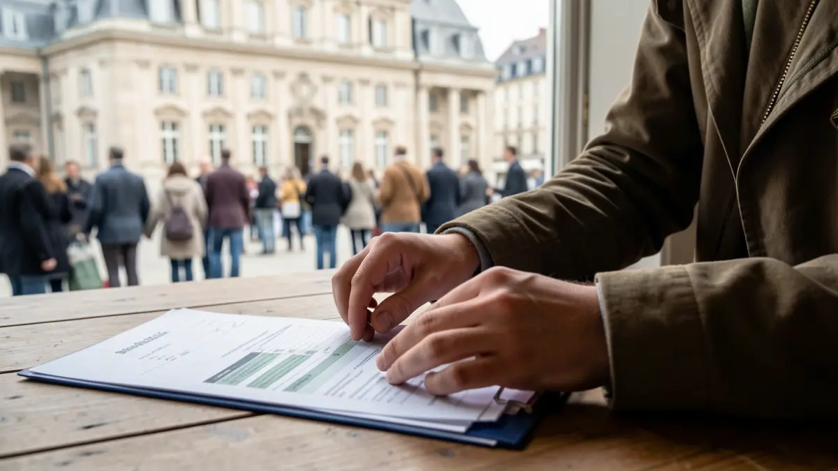 Image générique de mains de jeune préparant un dossier de candidature avec des documents et un budget sur un bureau.