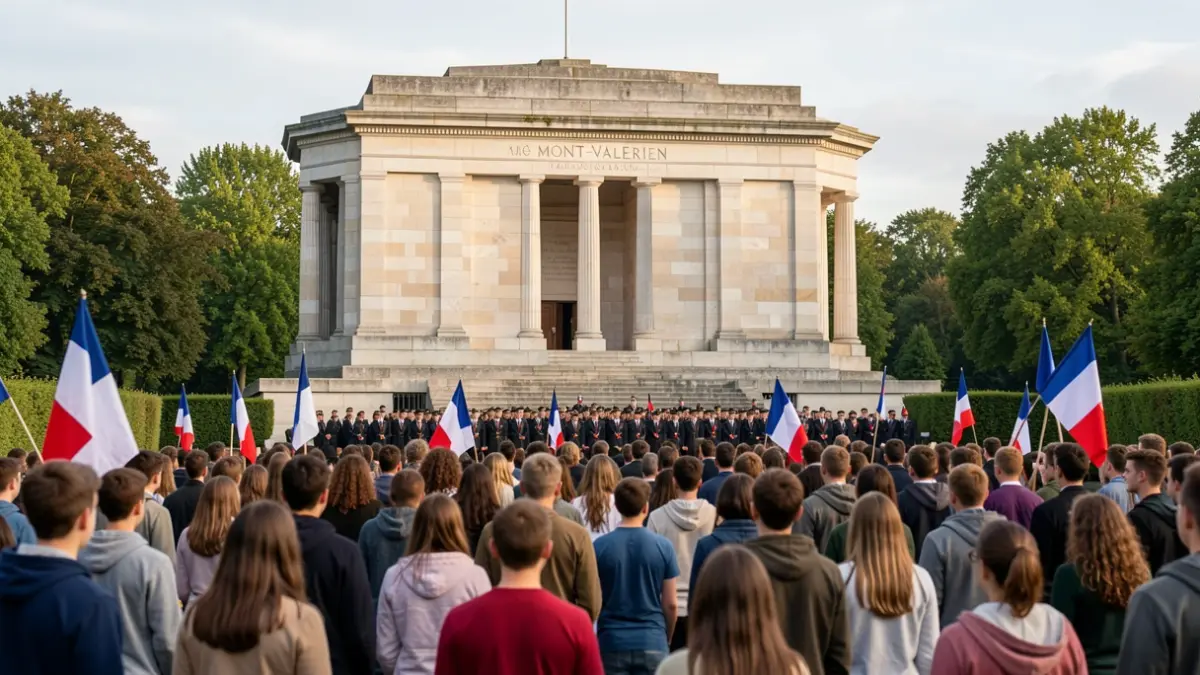 Jeunes participants à une cérémonie de mémoire au Mont-Valérien, portant des drapeaux.