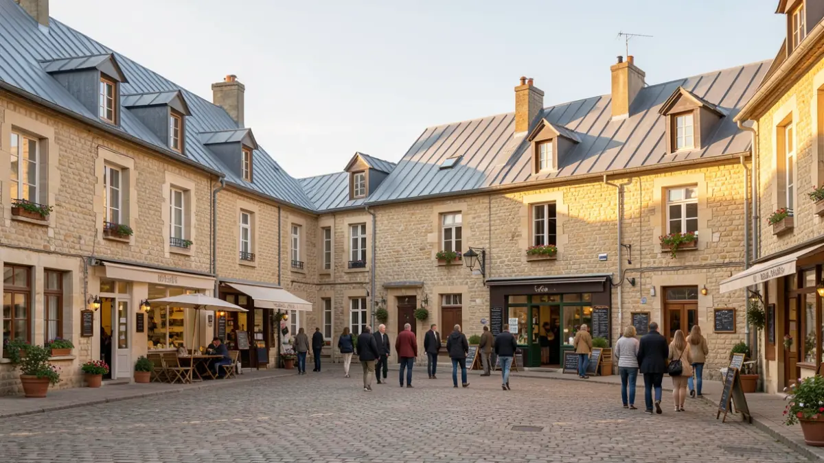 Generic image of a village square in Île-de-France with local shops.