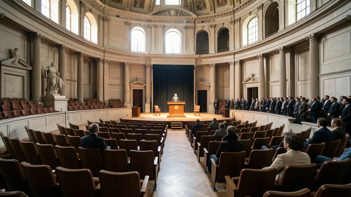 Interior of the Michel-Ange amphitheater at the École du Louvre, with empty seats and a podium.