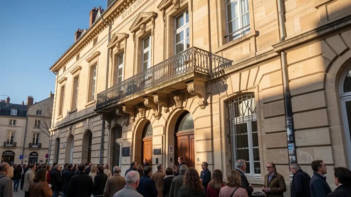 Stone facade of a French town hall with an ornate balcony and iron railings, warm afternoon sunlight casting shadows on the sandstone walls, blue sky.