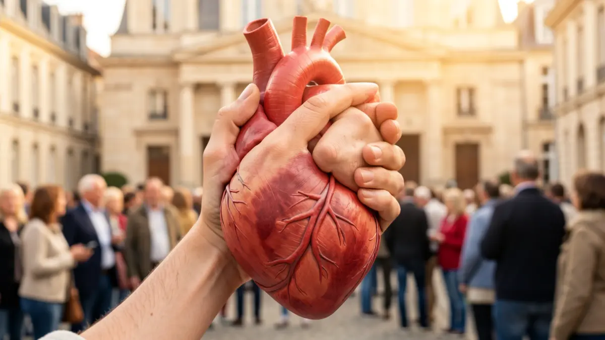 Generic image of a stylized heart formed by joined hands, in front of a town hall facade.