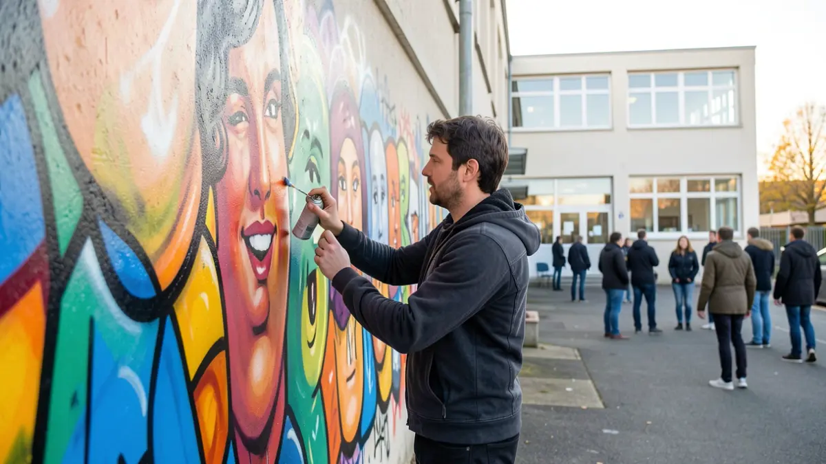Street art mural in progress on a school wall in Châtenay-Malabry, Île-de-France.
