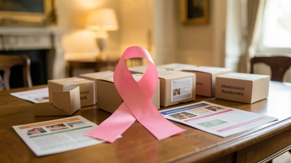 Pink ribbon symbol and donation boxes.