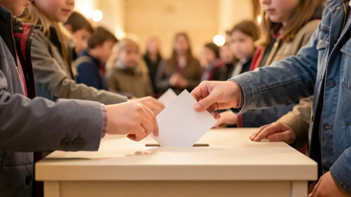 Generic image of children's hands placing ballots into a box, symbolizing youth civic participation.