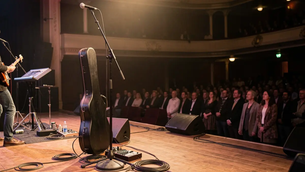 Scène de concert vide dans une salle en Île-de-France, éclairage tamisé.