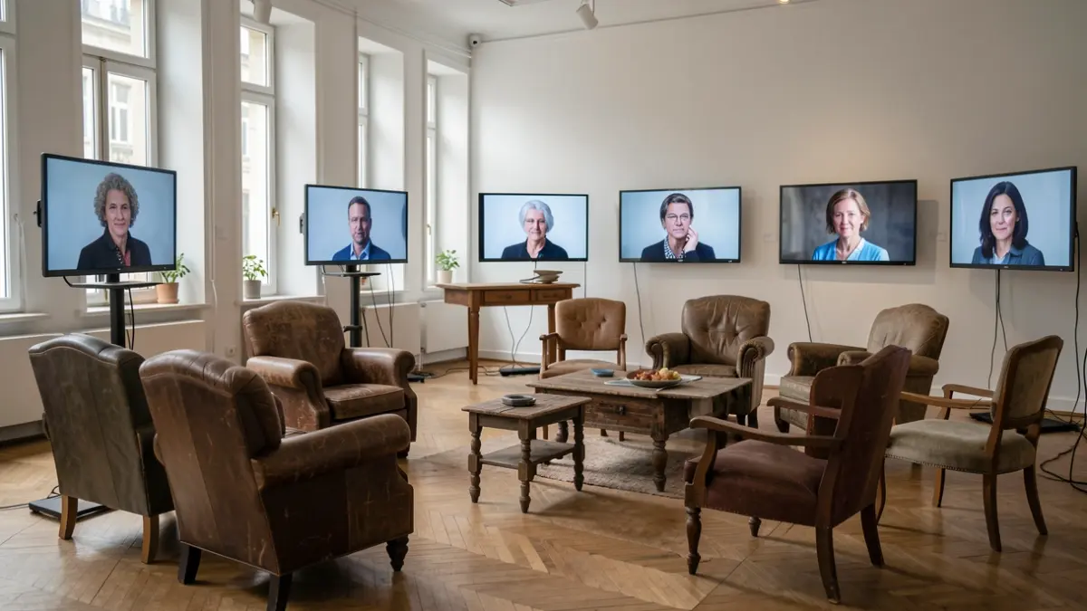 Art exhibition space with televisions displaying portraits.